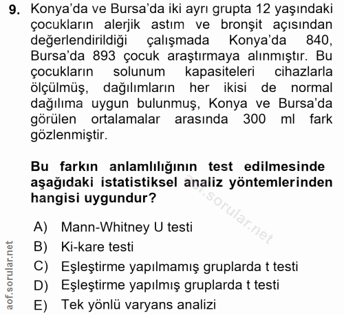 9. soru: Konya'da ve Bursa'da iki ayrı grupta 12 yaşındaki çocukların alerjik astım ve bronşit açısından değerlendirildiği çal…