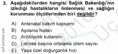 3. soru: Aşağıdakilerden hangisi Sağlık Bakanlığı'nın izlediği hastalıkların önlenmesi ve sağlığın korunması ölçütlerinden bir…