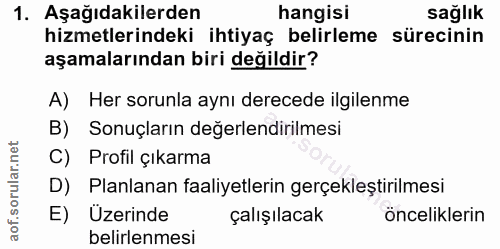 1. soru: Aşağıdakilerden hangisi sağlık hizmetlerindeki ihtiyaç belirleme sürecinin aşamalarından biri değildir? A) Her sorunl…