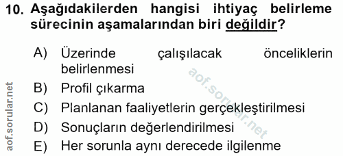 10. soru: Aşağıdakilerden hangisi ihtiyaç belirleme sürecinin aşamalarından biri değildir? A) Uzerinde çalışılacak önceliklerin…
