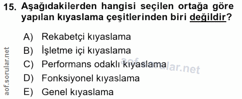 15. soru: Aşağıdakilerden hangisi seçilen ortağa göre yapılan kıyaslama çeşitlerinden biri değildir? A) Rekabetçi kıyaslama B)…