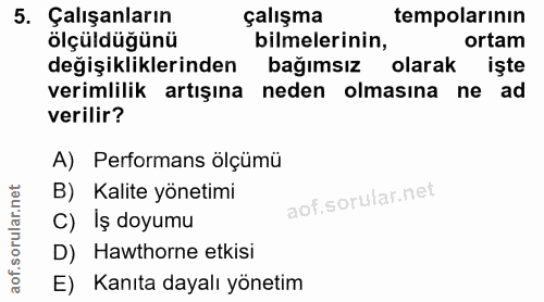 5. soru: Çalışanların çalışma tempolarının ölçüldüğünü bilmelerinin, ortam değişikliklerinden bağımsız olarak işte verimlilik…