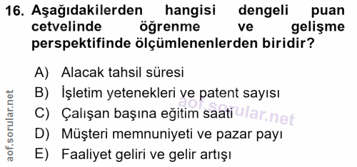 16. soru: Aşağıdakilerden hangisi dengeli puan cetvelinde öğrenme ve gelişme perspektifinde ölçülenenlerden biridir? A) Alacak…