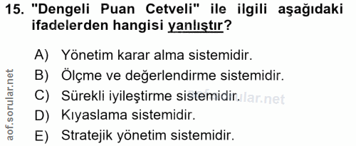15. soru: "Dengeli Puan Cetveli" ile ilgili aşağıdaki ifadelerden hangisi yanlıştır? A) Yönetim karar alma sistemidir. B) Ölçme…