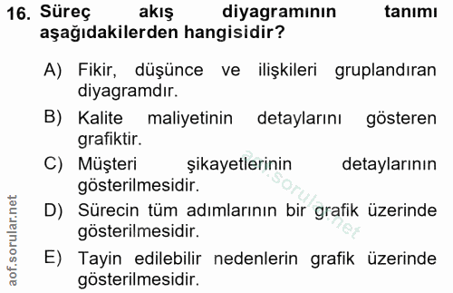 16. soru: Süreç akış diyagramının tanimı aşağıdakilerden hangisidir? A) Fikir, düşünce ve ilişkileri gruplandıran diyagramdır.…