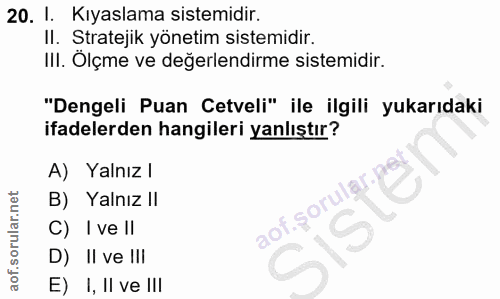 20. soru: I. Kıyaslama sistemidir. II. Stratejik yönetim sistemidir. III. Ölçme ve değerlendirme sistemidir. "Dengeli Puan Cetv…