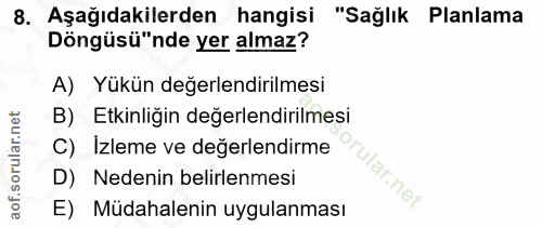 8. soru: Aşağıdakilerden hangisi "Sağlık Planlama Döngüsü"nde yer almaz? A) Yükün değerlendirilmesi B) Etkinligin degerlendiri…