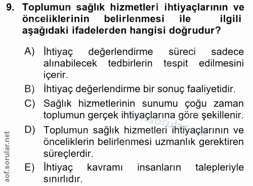 9. soru: Toplumun sağlık hizmetleri ihtiyaçlarının ve önceliklerinin belirlenmesi ile ilgili aşağıdaki ifadelerden hangisi doğ…