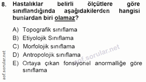 8. soru: Hastalıklar belirli ölçütlere göre sınıflandığında aşağıdakilerden hangisi bunlardan biri olamaz? A) Topografik sınıf…