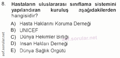 8. soru: Hastaların uluslararası sınıflama sistemini yapılandıran kuruluş aşağıdakilerden hangisidir? A) Hasta Haklarını Korum…