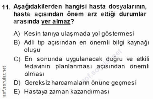 11. soru: Aşağıdakilerden hangisi hasta dosyalarının, hasta açısından önem arz ettiği durumlar arasında yer almaz? A) Kesin tan…