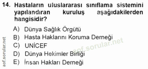 14. soru: Hastaların uluslararası sınıflama sistemini yapılandıran kuruluş aşağıdakilerden hangisidir? A) Dünya Sağlık Örgütü B…