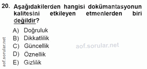 20. soru: Aşağıdakilerden hangisi dokümantasyonun kalitesini etkileyen etmenlerden biri değildir? A) Doğruluk B) Dikkatlilik C)…