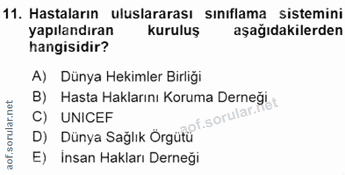 11. soru: Hastaların uluslararası sınıflama sistemini yapılandıran kuruluş aşağıdakilerden hangisidir? A) Dünya Hekimler Birliğ…