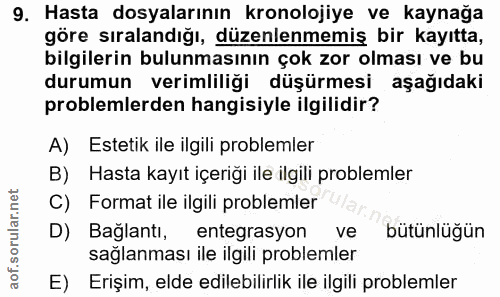 9. soru: Hasta dosyalarının kronolojiye ve kaynağa göre sıralandığı, düzenlenmemiş bir kayıtta, bilgilerin bulunmasının çok zo…