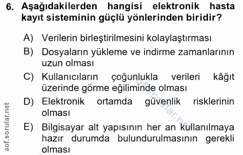 6. soru: Aşağıdakilerden hangisi elektronik hasta kayıt sisteminin güçlü yönlerinden biridir? A) Verilerin birleştirilmesini k…