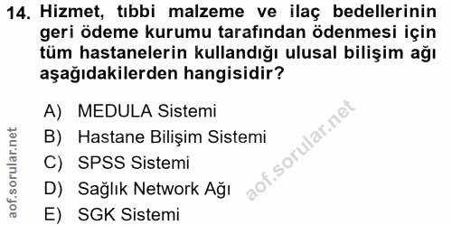 14. soru: Hizmet, tıbbi malzeme ve ilaç bedellerinin geri ödeme kurumu tarafından ödenmesi için tüm hastanelerin kullandığı ulu…