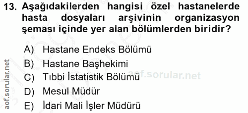13. soru: Aşağıdakilerden hangisi özel hastanelerde hasta dosyaları arşivinin organizasyon şeması içinde yer alan bölümlerden b…