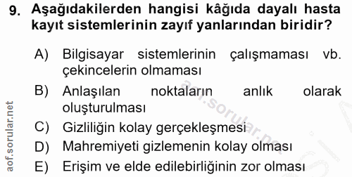 9. soru: Aşağıdakilerden hangisi kâğıda dayalı hasta kayıt sistemlerinin zayıf yanlarından biridir? A) Bilgisayar sistemlerini…