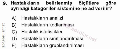 9. soru: Hastalıkların belirlenmiş ölçütlere göre ayrıldığı kategoriler sistemine ne ad verilir? A) Hastalıkların analizi B) H…