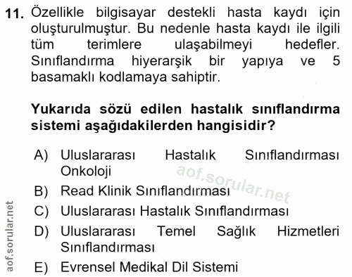11. soru: Özellikle bilgisayar destekli hasta kaydı için oluşturulmuştur. Bu nedenle hasta kaydı ile ilgili tüm terimlere ulaşa…