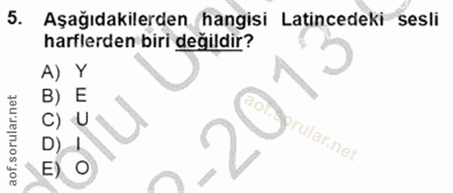 5. soru: Aşağıdakilerden. hangisi Latincedeki sesli harflerden biri değildir? A) Y B) E c) U rular.net E) O