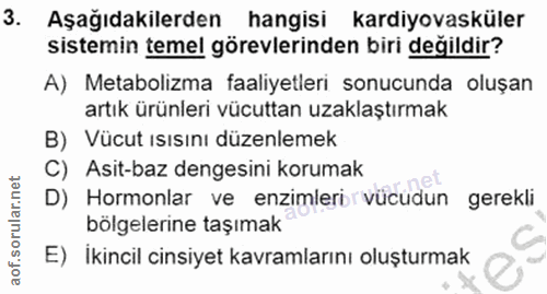 3. soru: Aşağıdakilerden hangisi kardiyovasküler sistemin temel görevlerinden biri degildir? A) Metabolizma faaliyetleri sonuc…