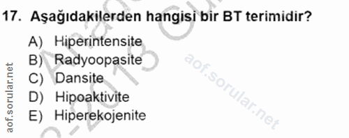17. soru: Aşağıdakilerden hangisi bir BT terimidir? A) Hiperintensite B) Radyoopasite C) Dansite S D) Hipoaktivite E) Hiperekoj…