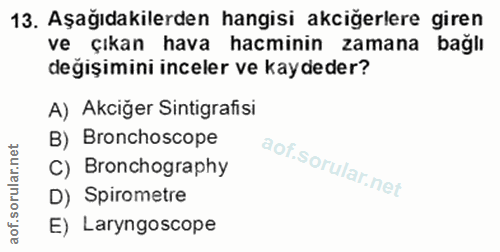 13. soru: Aşağıdakilerden hangisi akciğerlere giren ve çıkan hava hacminin zamana bağlı değişimini inceler ve kaydeder? A) Akci…