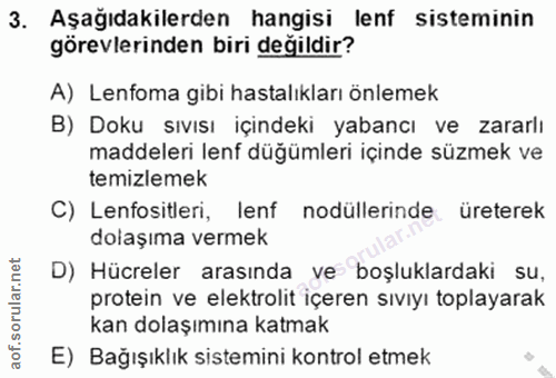 3. soru: Aşağıdakilerden hangisi lenf sisteminin görevlerinden biri değildir? A) Lenfoma gibi hastalıkları önlemek B) Doku sıv…