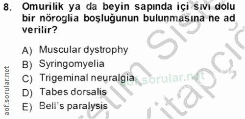 8. soru: Omurilik ya da beyin sapında içi sıvi dolu bir nöroglia boşluğunun bulunmasına ne ad verilir? A) Muscular dystrophy B…