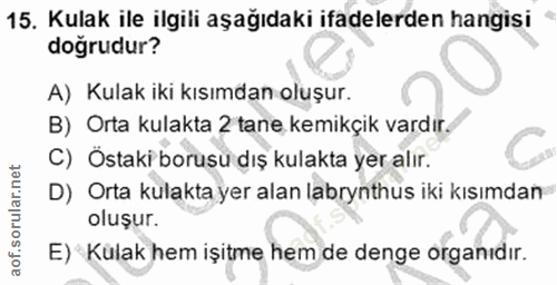 15. soru: Kulak ile ilgili aşağıdaki ifadelerden hangisi dogrudur? A) Kulak iki kısımdan oluşur. B) Orta kulakta 2 tane kemikçı…