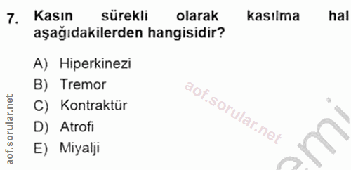 7. soru: Kasın sürekli olarak kasılma hal aşağıdakilerden hangisidir? A) Hiperkinezi B) Tremor C) Kontraktür D) Atrofi E) Miyalji