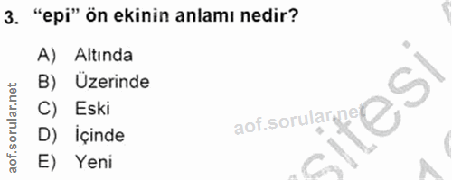 3. soru: "epi" ön ekinin anlamı nedir? A) Altında B) Üzerinde C) Eski D) İçinde E) Yeni
