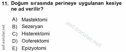 11. soru: Doğum sırasında perineye uygulanan kesiye ne ad verilir? A) Mastektomi B) Sezeryan C) Histerektomi D) Ooferektomi E)…