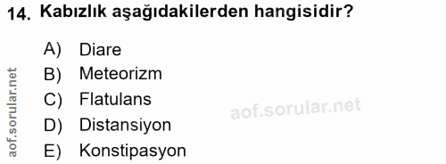 14. soru: Kabızlık aşağıdakilerden hangisidir? A) Diare B) Meteorizm C) Flatulans D) Distansiyon E) Konstipasyon