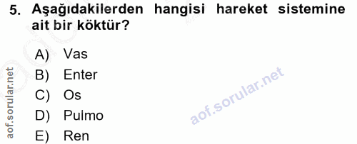 5. soru: Aşağıdakilerden hangisi hareket sistemine ait bir köktür? A) Vas B) Enter C) Os D) Pulmo E) Ren