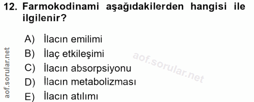 12. soru: Farmokodinami aşağıdakilerden hangisi ile ilgilenir? A) Ilacın emilimi B) İlaç etkileşimi C) Ilacın absorpsiyonu D) I…