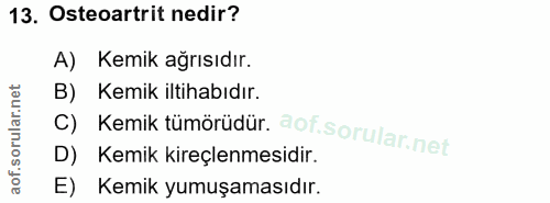 13. soru: Osteoartrit nedir? A) Kemik ağrısıdır. B) Kemik iltihabıdır. C) Kemik tümörüdür. D) Kemik kireçlenmesidir. E) Kemik y…