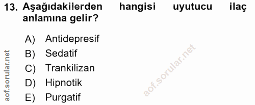 13. soru: Aşağıdakilerden hangisi uyutucu ilaç anlamına gelir? A) Antidepresif B) Sedatif C) Trankilizan D) Hipnotik E) Purgatif