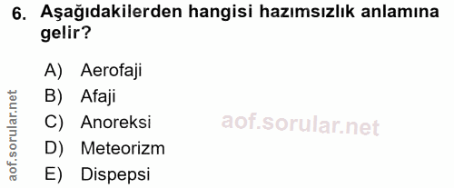 6. soru: Aşağıdakilerden hangisi hazımsızlık anlamına gelir? A) Aerofaji B) Afaji C) Anoreksi D) Meteorizm aof. E) Dispepsi