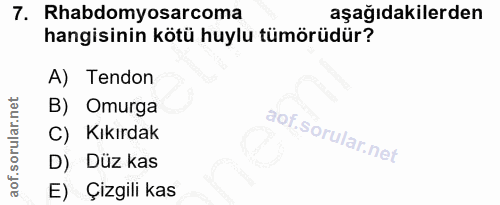 7. soru: Rhabdomyosarcoma aşağıdakilerden hangisinin kötü huylu tümörüdür? A) Tendon B) Omurga C) Kıkırdak D) Düz kas E) Çizgi…