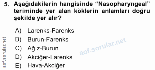 5. soru: Aşağıdakilerin hangisinde "Nasopharyngeal" teriminde yer alan köklerin anlamları doğru şekilde yer alır? A) Larenks-F…