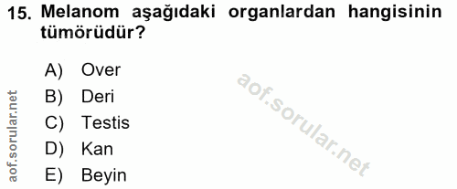 15. soru: Melanom aşağıdaki organlardan hangisinin tümörüdür? A) Over B) Deri C) Testis D) Kan E) Beyin