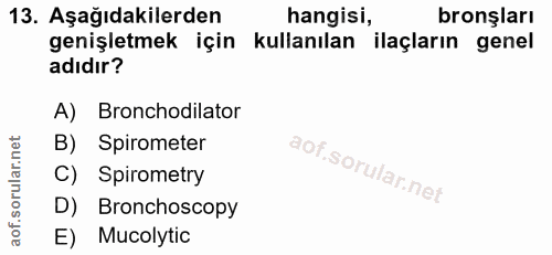 13. soru: Aşağıdakilerden hangisi, bronşları genişletmek için kullanılan ilaçların genel adıdır? A) Bronchodilator B) Spiromete…