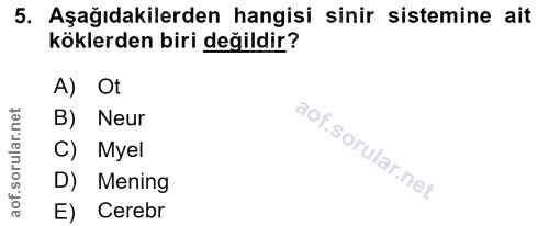 5. soru: Aşağıdakilerden hangisi sinir sistemine ait köklerden biri değildir? A) Ot B) Neur C) Myel D) Mening E) Cerebr