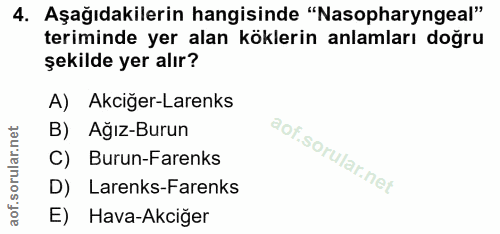 4. soru: Aşağıdakilerin hangisinde "Nasopharyngeal" teriminde yer alan köklerin anlamları doğru şekilde yer alır? A) Akciğer-L…