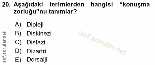 20. soru: Aşağıdaki terimlerden hangisi "konuşma zorluğu"nu tanımlar? A) Dipleji B) Diskinezi Disfazi D) Dizartri E) Dorsalji