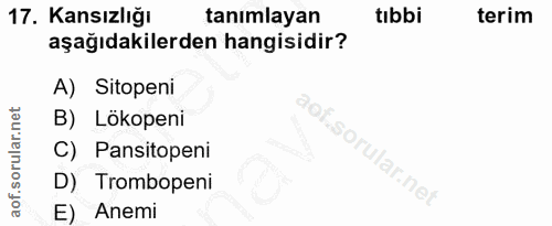 17. soru: Kansızlığı tanımlayan tıbbi terim aşağıdakilerden hangisidir? A) Sitopeni B) Lökopeni Soru C) Pansitopeni D) Trombope…
