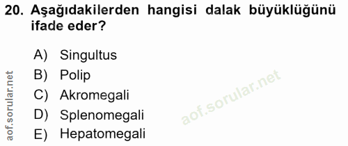 20. soru: Aşağıdakilerden hangisi dalak büyüklüğünü ifade eder? A) Singultus B) Polip C) Akromegali D) Splenomegali E) Hepatome…